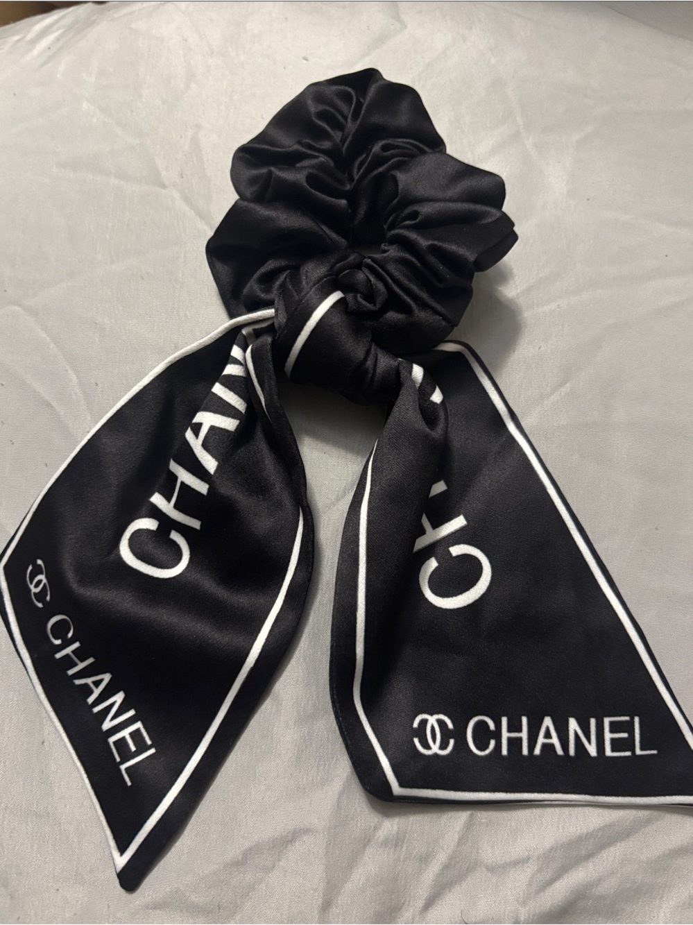 CHANEL Black Logo Satin Bow Scrunchie